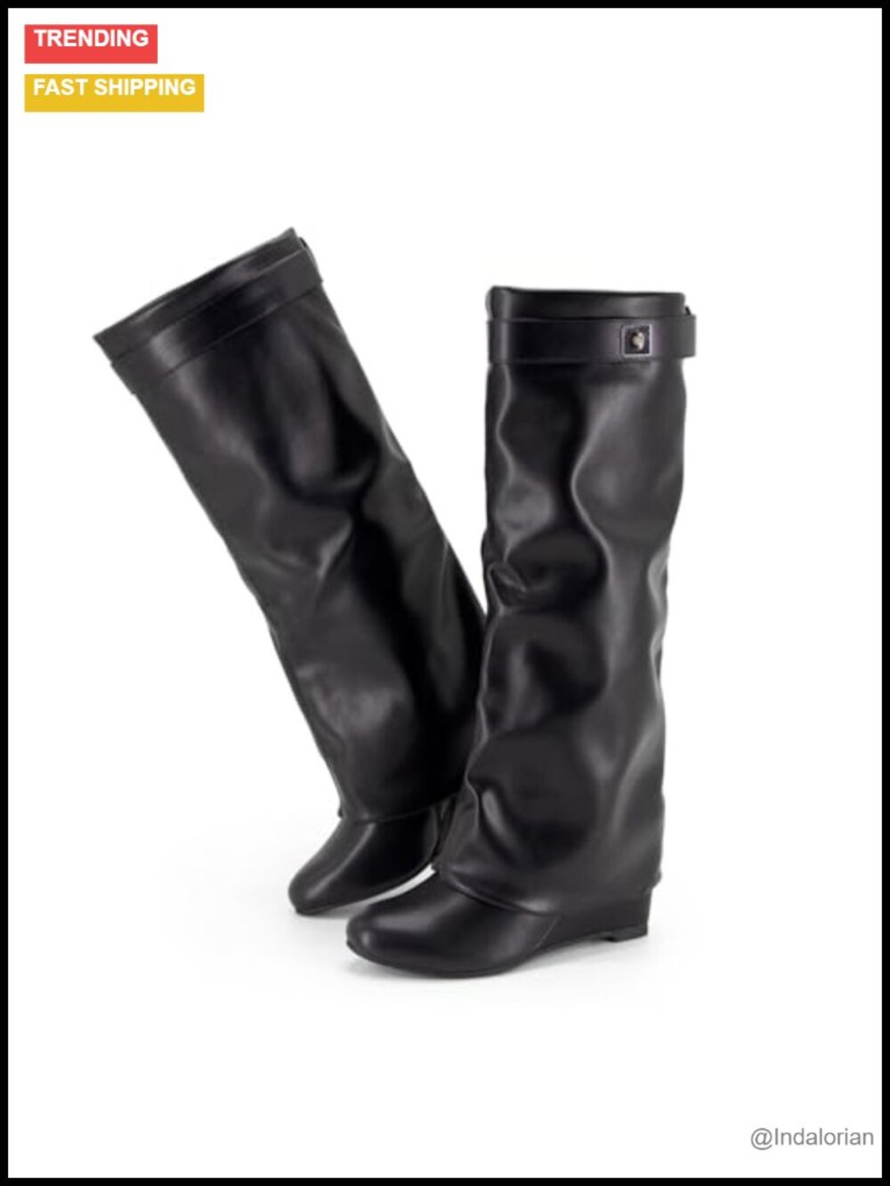 Fold Over Knee High Boots Women Faux Leather Wedge Heel Wide Calf Slouchy